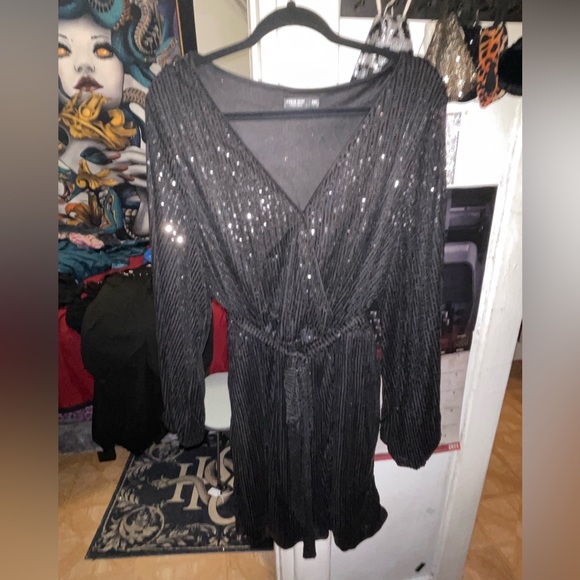 SHEIN Belle Plus Surplice Neck Lantern Sleeve Belted Sequin Dress - Picture 2 of 3